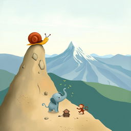 At the peak of a mountain, a small snail with a brown shell stands upright, taking in the panoramic view