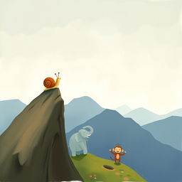 At the peak of a mountain, a small snail with a brown shell stands upright, taking in the panoramic view