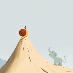 At the peak of a mountain, a small snail with a brown shell stands upright, taking in the panoramic view