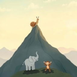 At the peak of a mountain, a small snail with a brown shell stands upright, taking in the panoramic view