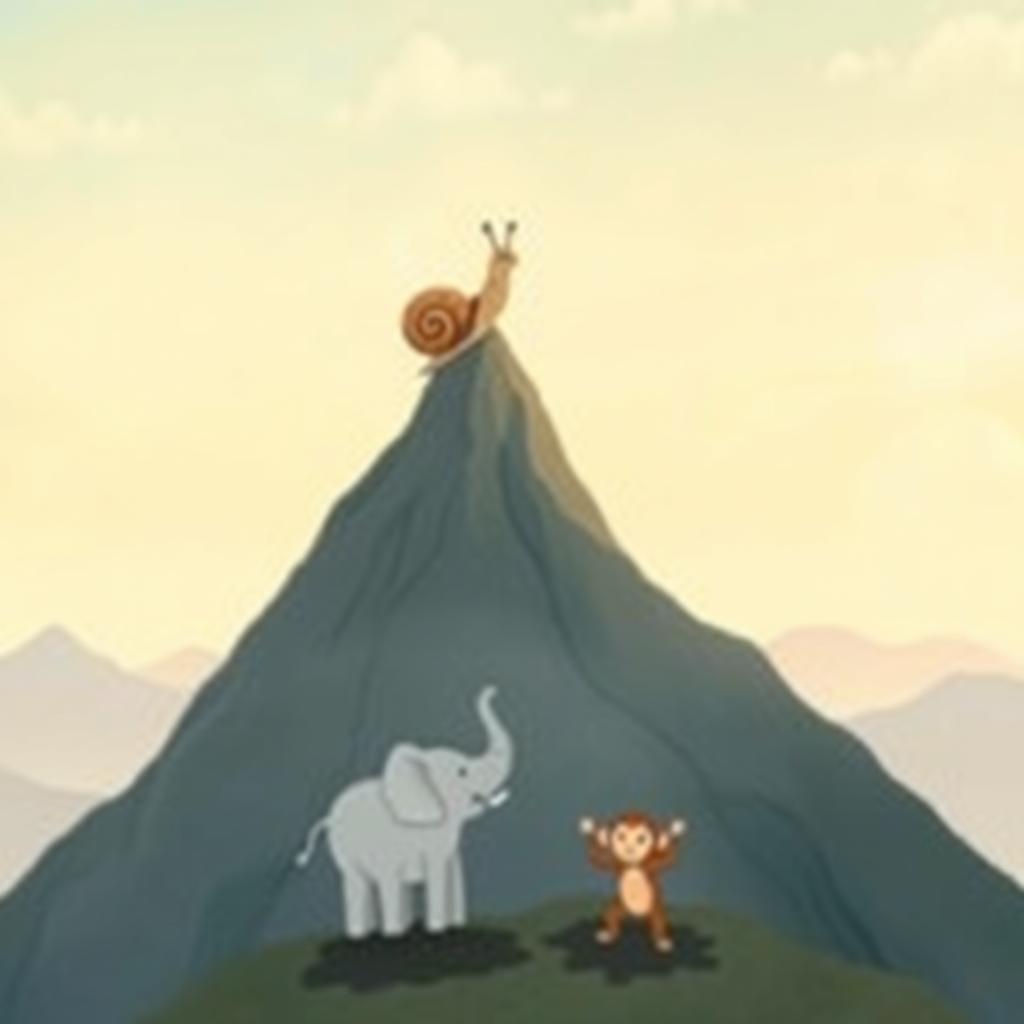 At the peak of a mountain, a small snail with a brown shell stands upright, taking in the panoramic view