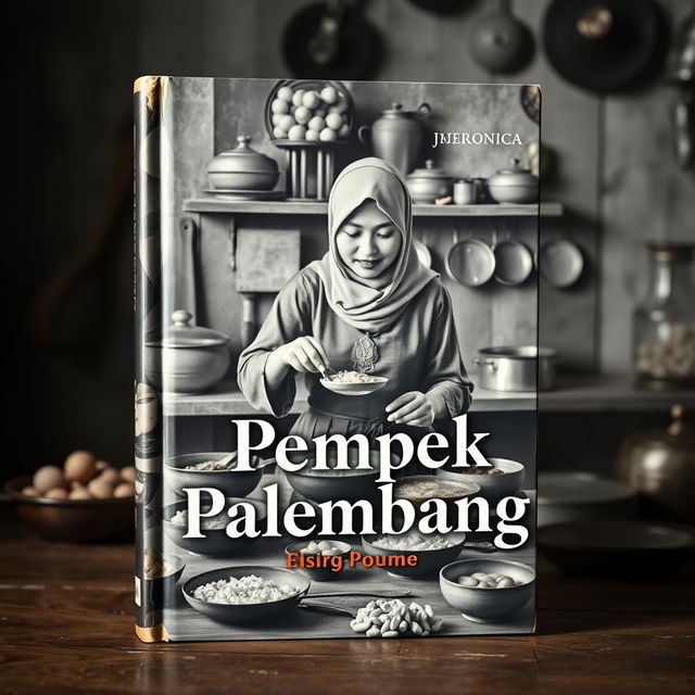 A vintage book cover design showcasing an Indonesian Muslim woman cooking pempek Palembang