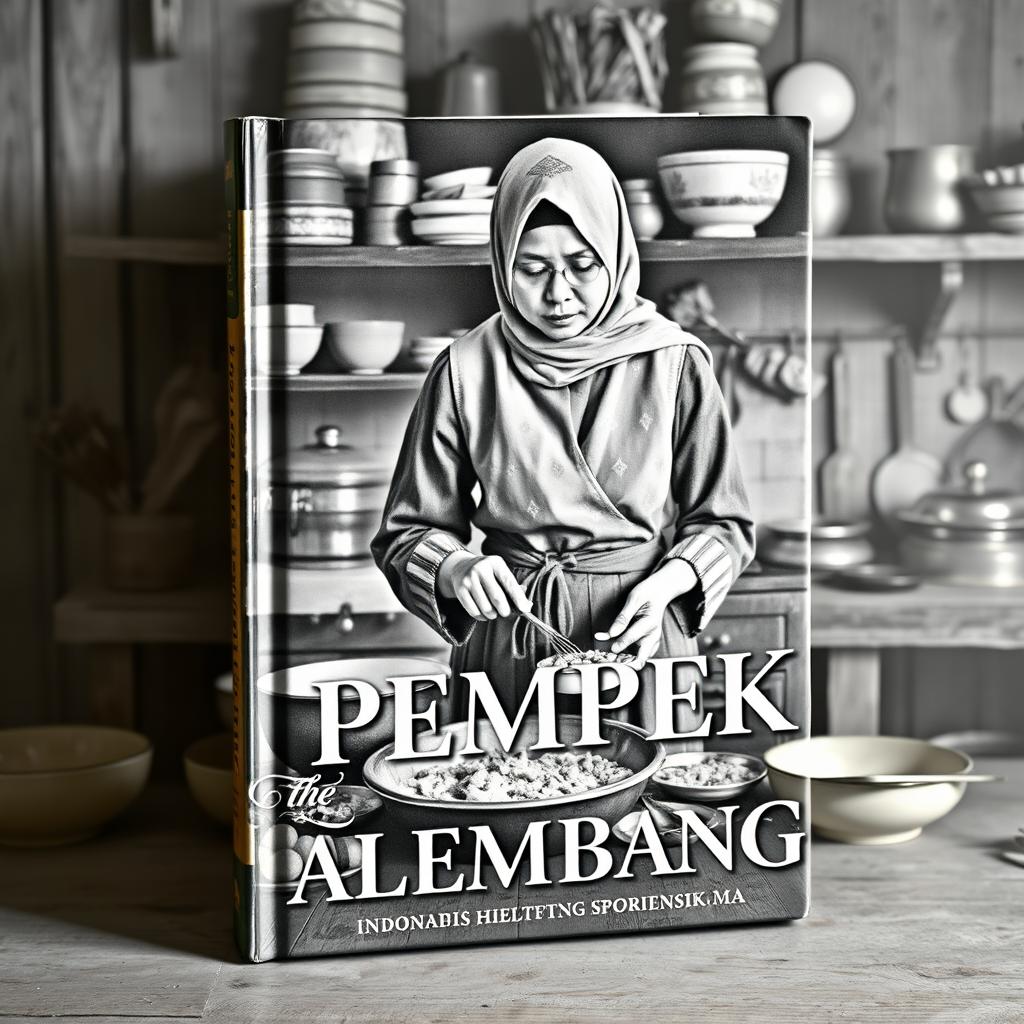 A vintage book cover design showcasing an Indonesian Muslim woman cooking pempek Palembang