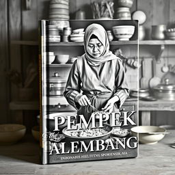 A vintage book cover design showcasing an Indonesian Muslim woman cooking pempek Palembang