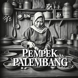 A vintage book cover design showcasing an Indonesian Muslim woman cooking pempek Palembang