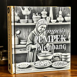 A vintage book cover design showcasing an Indonesian Muslim woman cooking pempek Palembang