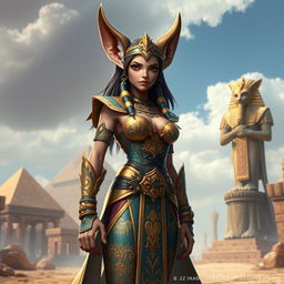 An intriguing game CG character design of an Egyptian queen, showcasing a single girl with large breasts and distinctive jackal ears, adding a mythical and regal flair to her appearance