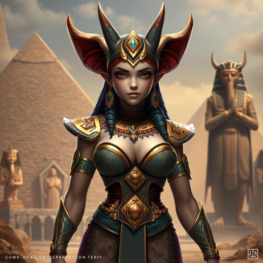 An intriguing game CG character design of an Egyptian queen, showcasing a single girl with large breasts and distinctive jackal ears, adding a mythical and regal flair to her appearance