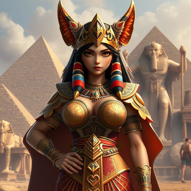 An intriguing game CG character design of an Egyptian queen, showcasing a single girl with large breasts and distinctive jackal ears, adding a mythical and regal flair to her appearance