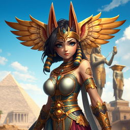An intriguing game CG character design of an Egyptian queen, showcasing a single girl with large breasts and distinctive jackal ears, adding a mythical and regal flair to her appearance
