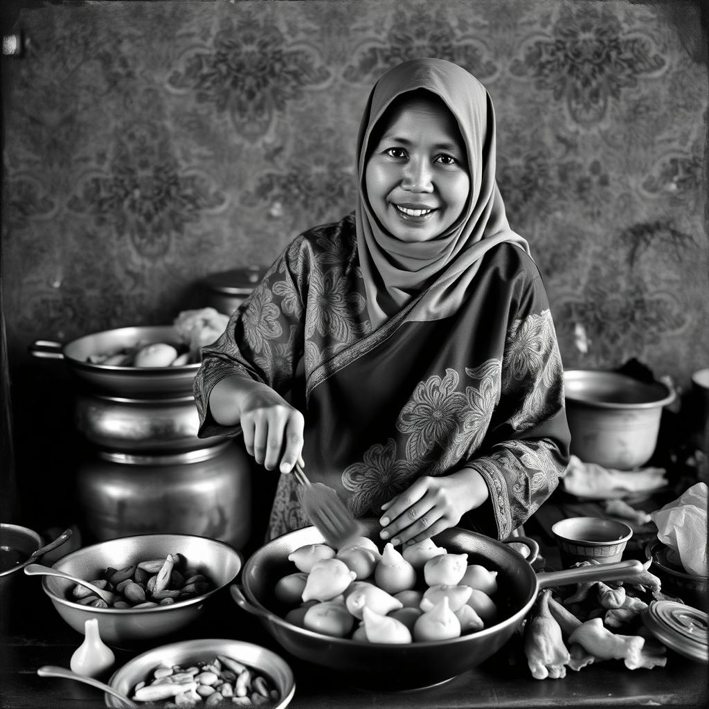 A vintage picture capturing an Indonesian Muslim woman cooking pempek Palembang in a traditional kitchen