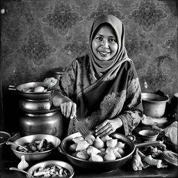 A vintage picture capturing an Indonesian Muslim woman cooking pempek Palembang in a traditional kitchen