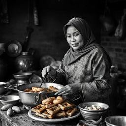 A vintage picture capturing an Indonesian Muslim woman cooking pempek Palembang in a traditional kitchen