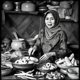 A vintage picture capturing an Indonesian Muslim woman cooking pempek Palembang in a traditional kitchen