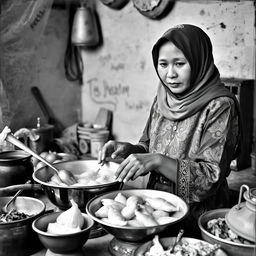 A vintage picture capturing an Indonesian Muslim woman cooking pempek Palembang in a traditional kitchen