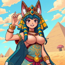 A vibrant and dynamic illustration of an Egyptian queen styled in the unique One Piece anime aesthetic