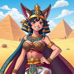 A vibrant and dynamic illustration of an Egyptian queen styled in the unique One Piece anime aesthetic