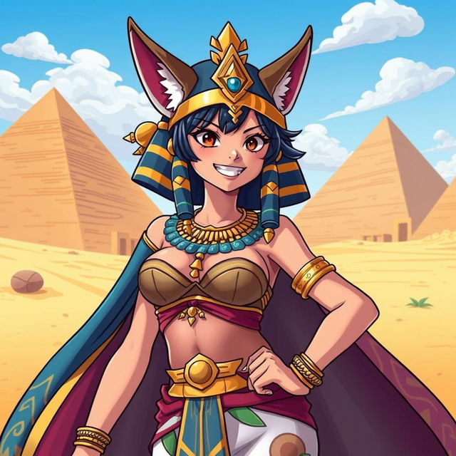 A vibrant and dynamic illustration of an Egyptian queen styled in the unique One Piece anime aesthetic