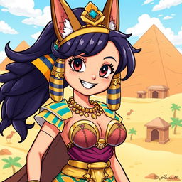A vibrant and dynamic illustration of an Egyptian queen styled in the unique One Piece anime aesthetic
