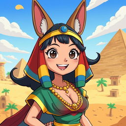 A vibrant and dynamic illustration of an Egyptian queen styled in the unique One Piece anime aesthetic