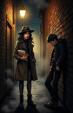 A dramatic scene featuring Vivian, an aspiring detective, standing in a dimly lit alley, surrounded by shadows that hint at mystery