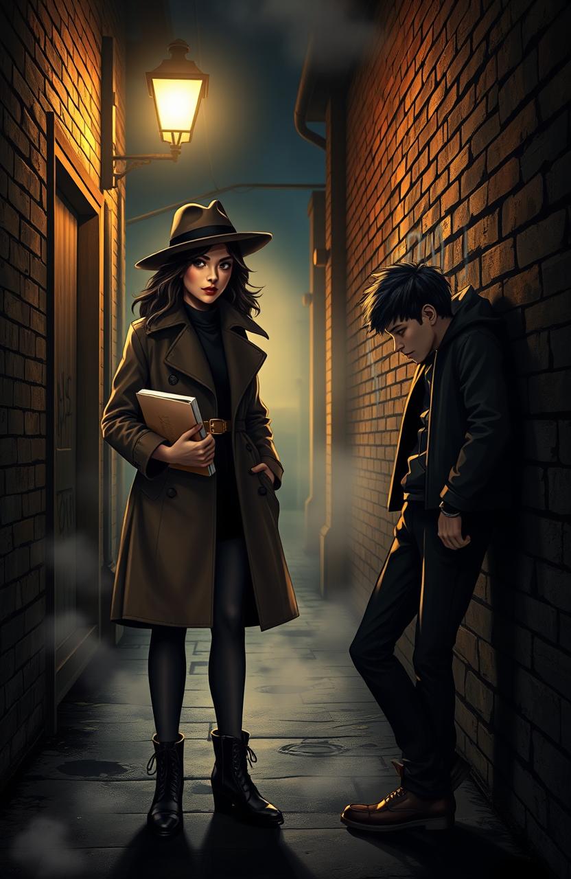 A dramatic scene featuring Vivian, an aspiring detective, standing in a dimly lit alley, surrounded by shadows that hint at mystery