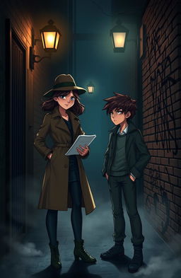A dramatic scene featuring Vivian, an aspiring detective, standing in a dimly lit alley, surrounded by shadows that hint at mystery