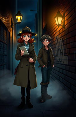 A dramatic scene featuring Vivian, an aspiring detective, standing in a dimly lit alley, surrounded by shadows that hint at mystery