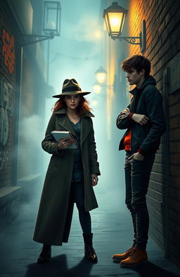 A dramatic scene featuring Vivian, an aspiring detective, standing in a dimly lit alley, surrounded by shadows that hint at mystery