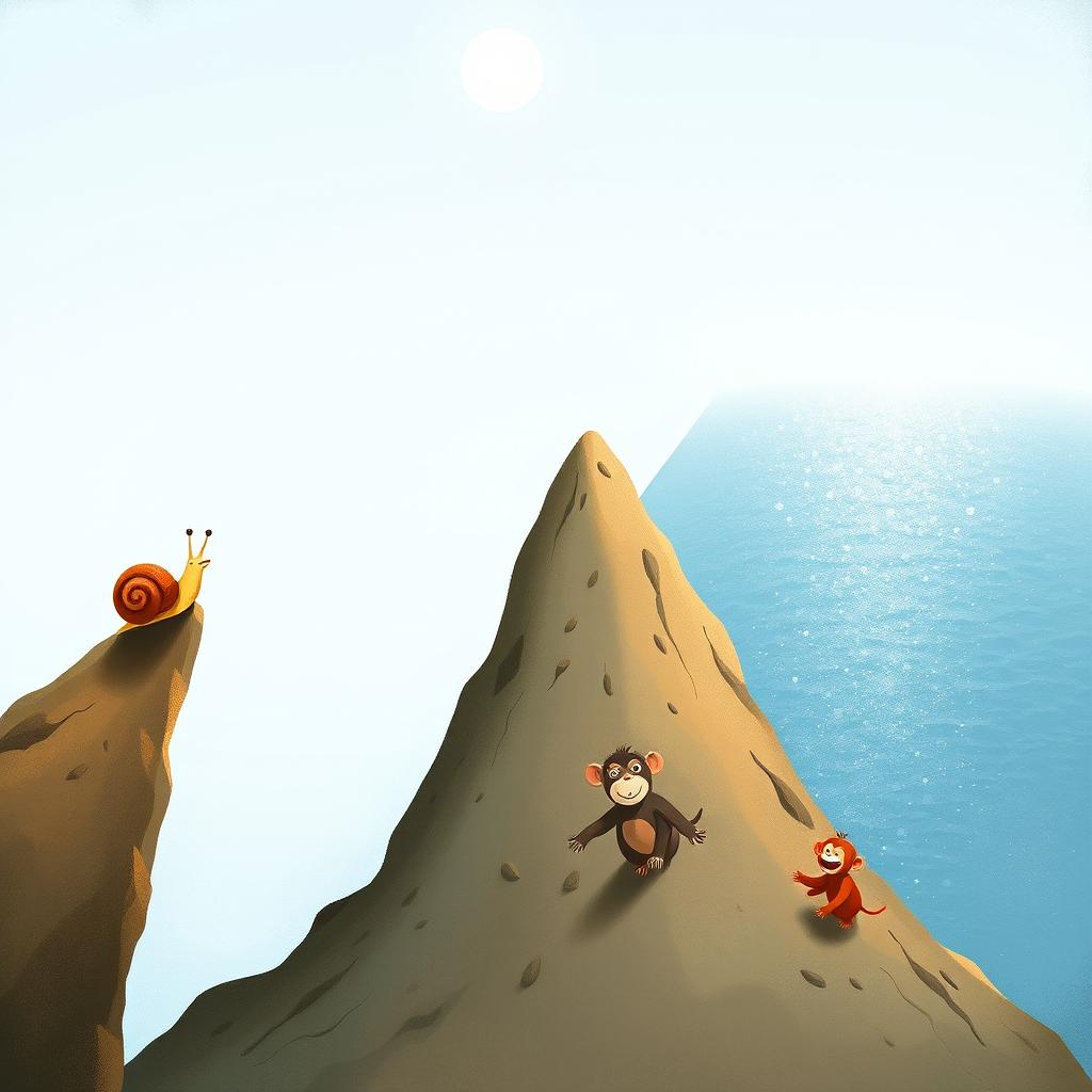 At the peak of a mountain, a small snail with a brown shell stands proudly, taking in the beautiful view