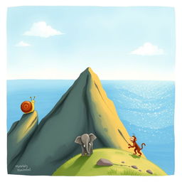 At the peak of a mountain, a small snail with a brown shell stands proudly, taking in the beautiful view