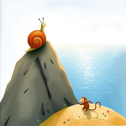 At the peak of a mountain, a small snail with a brown shell stands proudly, taking in the beautiful view