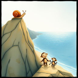 At the peak of a mountain, a small snail with a brown shell stands proudly, taking in the beautiful view