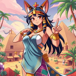 A dynamic and colorful illustration of an Egyptian queen styled in the One Piece anime aesthetic