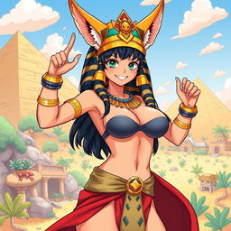 A dynamic and colorful illustration of an Egyptian queen styled in the One Piece anime aesthetic