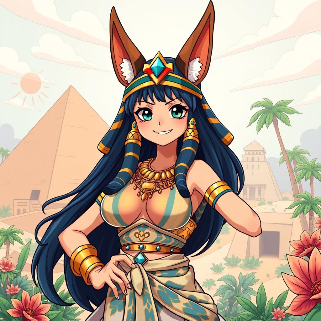 A dynamic and colorful illustration of an Egyptian queen styled in the One Piece anime aesthetic