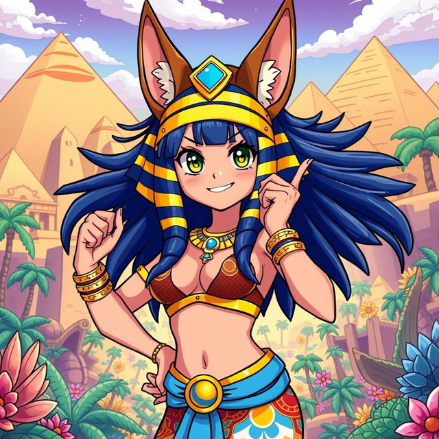 A dynamic and colorful illustration of an Egyptian queen styled in the One Piece anime aesthetic