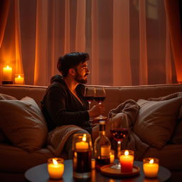 A romantic and intimate scene between a couple on a cozy sofa, softly illuminated by warm candlelight