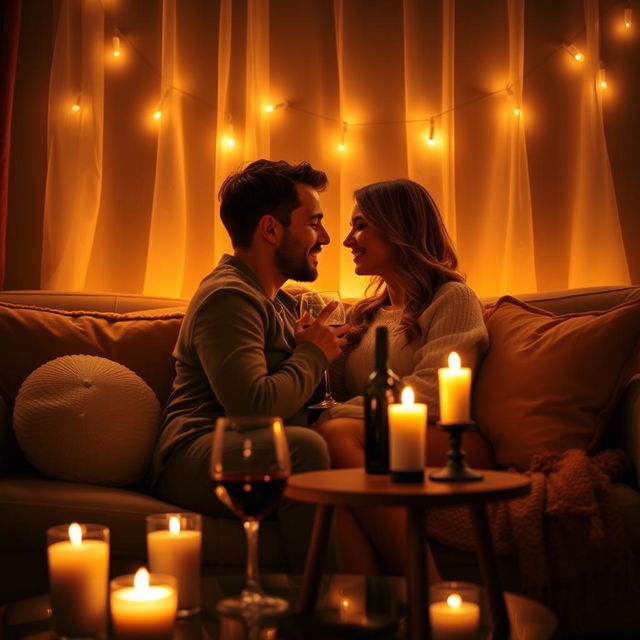 A romantic and intimate scene between a couple on a cozy sofa, softly illuminated by warm candlelight