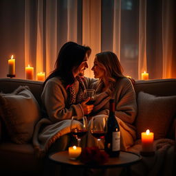 A romantic and intimate scene between a couple on a cozy sofa, softly illuminated by warm candlelight