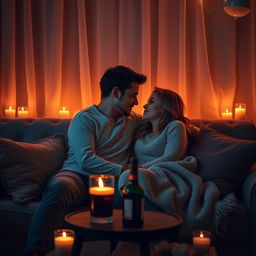 A romantic and intimate scene between a couple on a cozy sofa, softly illuminated by warm candlelight