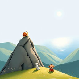 At the summit of a mountain, a small snail with a brown shell stands confidently, enjoying the beautiful view