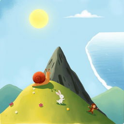 At the summit of a mountain, a small snail with a brown shell stands confidently, enjoying the beautiful view