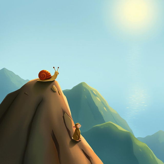 At the summit of a mountain, a small snail with a brown shell stands confidently, enjoying the beautiful view