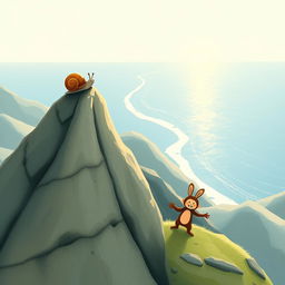 At the summit of a mountain, a small snail with a brown shell stands confidently, enjoying the beautiful view