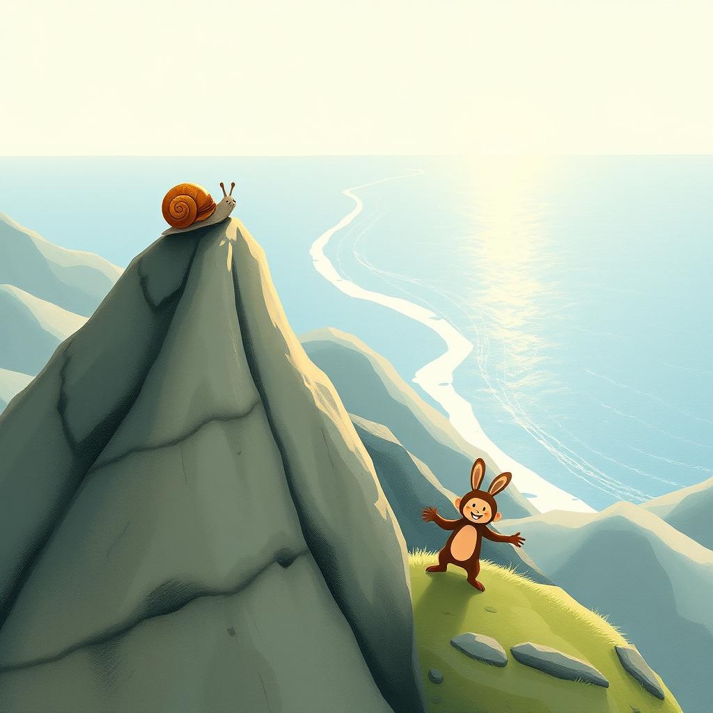 At the summit of a mountain, a small snail with a brown shell stands confidently, enjoying the beautiful view