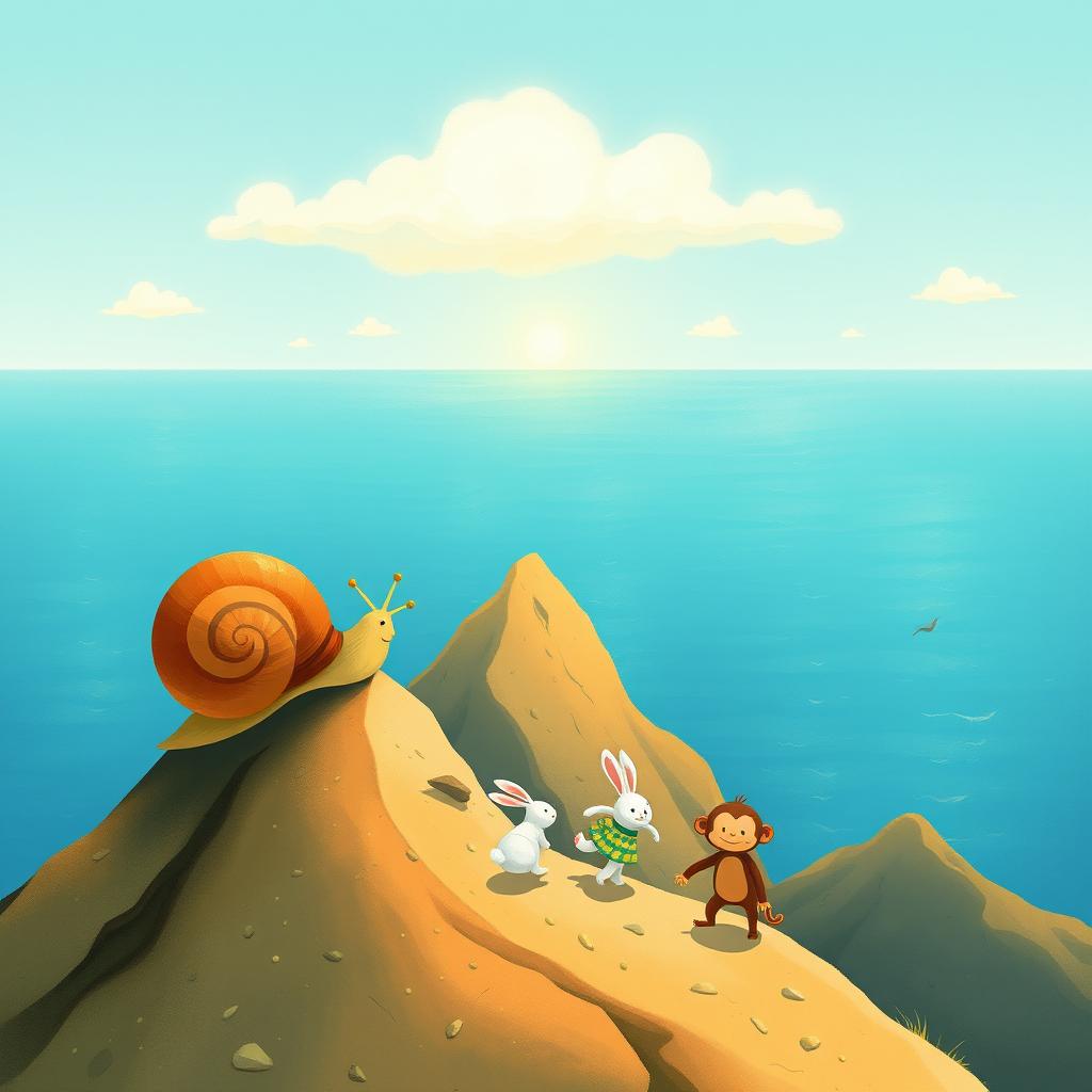 At the summit of a mountain, a small snail with a brown shell stands proudly, enjoying the breathtaking view