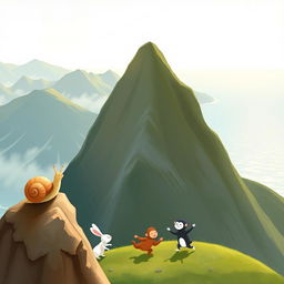 At the summit of a mountain, a small snail with a brown shell stands proudly, enjoying the breathtaking view