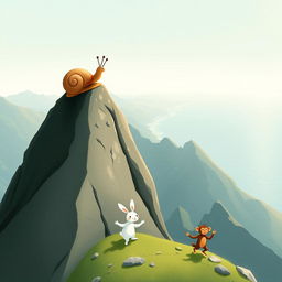 At the summit of a mountain, a small snail with a brown shell stands proudly, enjoying the breathtaking view