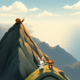 At the summit of a mountain, a small snail with a brown shell stands proudly, enjoying the breathtaking view